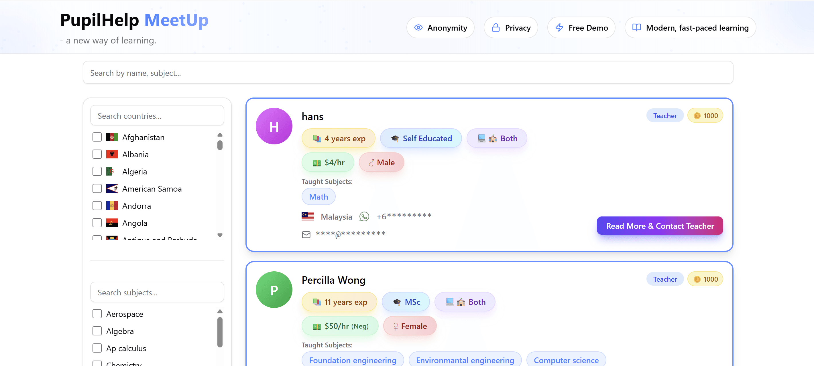 PupilHelp MeetUp Application Interface